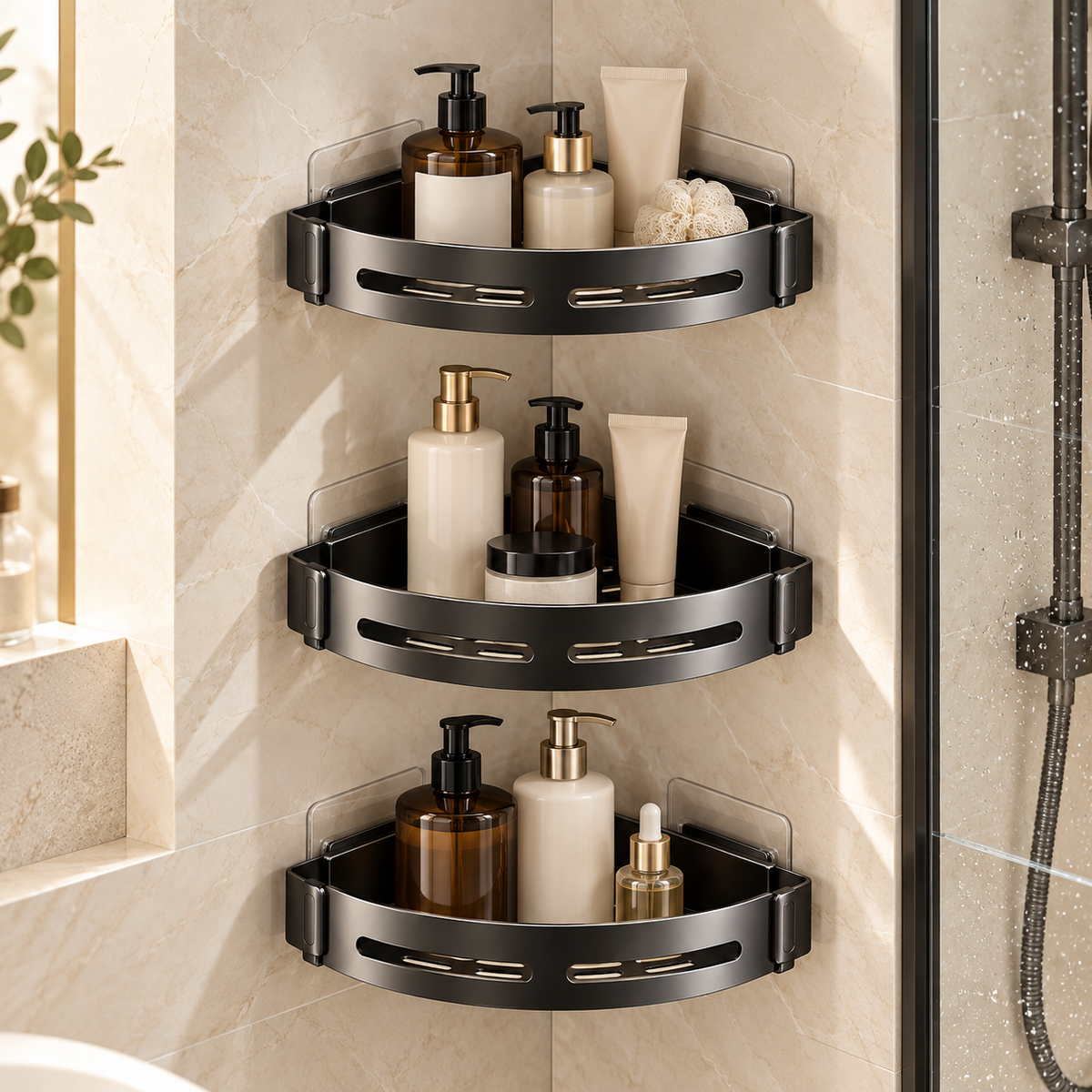 Étagères de douche sans perçage installées dans une douche