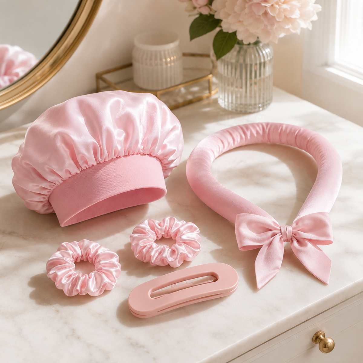 Kit de boucles sans chaleur rose NUIT STUDIO avec bonnet, chouchous et pince