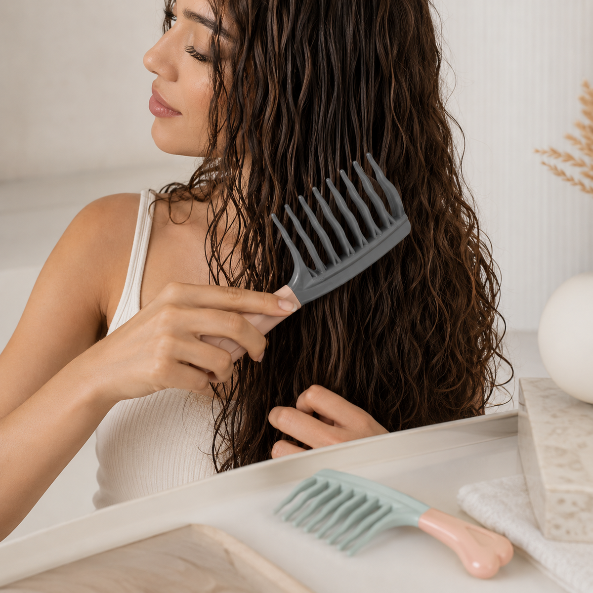 Peigne à dents larges utilisé sur cheveux humides