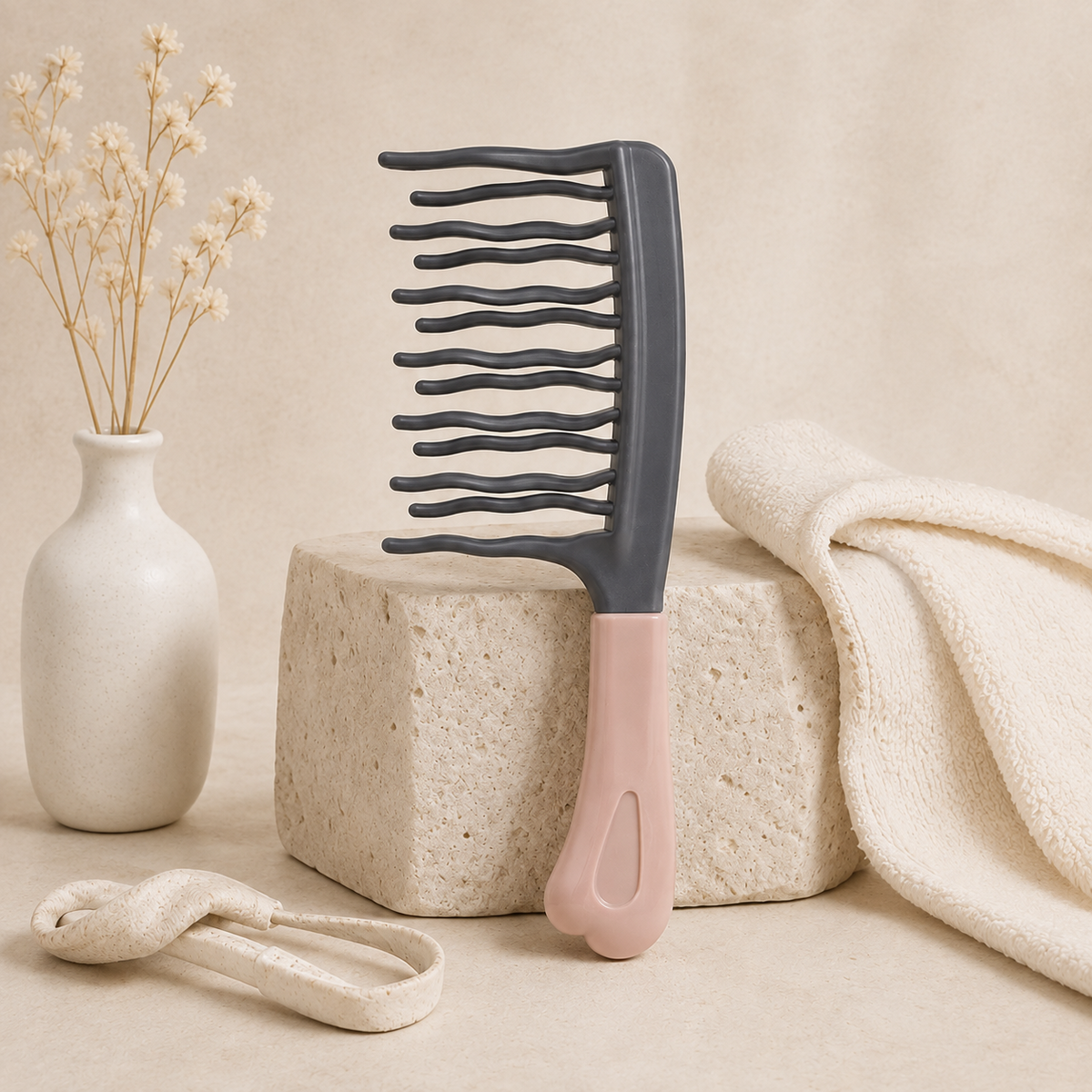 Peigne à dents larges gris avec manche rose NUIT STUDIO