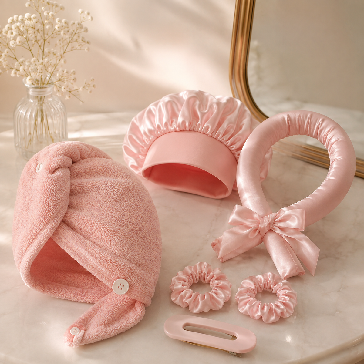 Routine Nuit NUIT STUDIO avec kit de boucles sans chaleur rose et serviette rose sur marbre clair