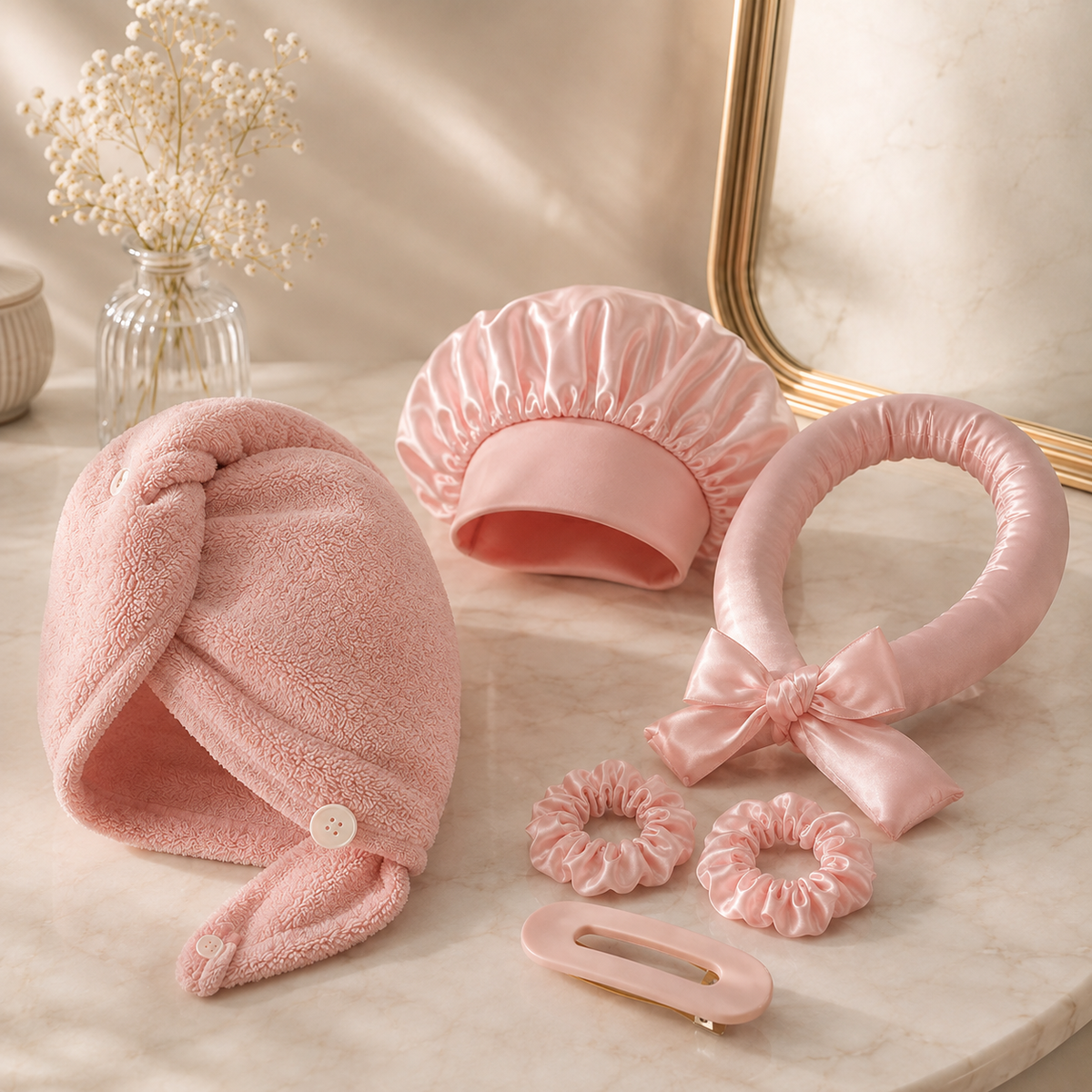 Set Routine Nuit NUIT STUDIO rose avec kit de boucles sans chaleur, serviette et accessoires