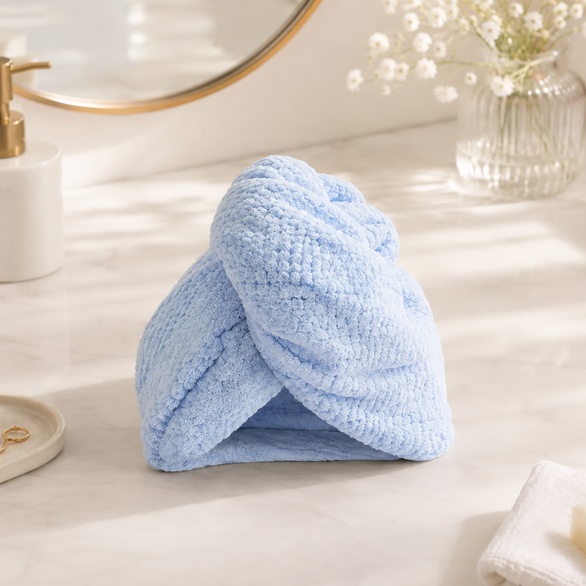 Serviette cheveux absorbante bleu pastel NUIT STUDIO sur fond clair