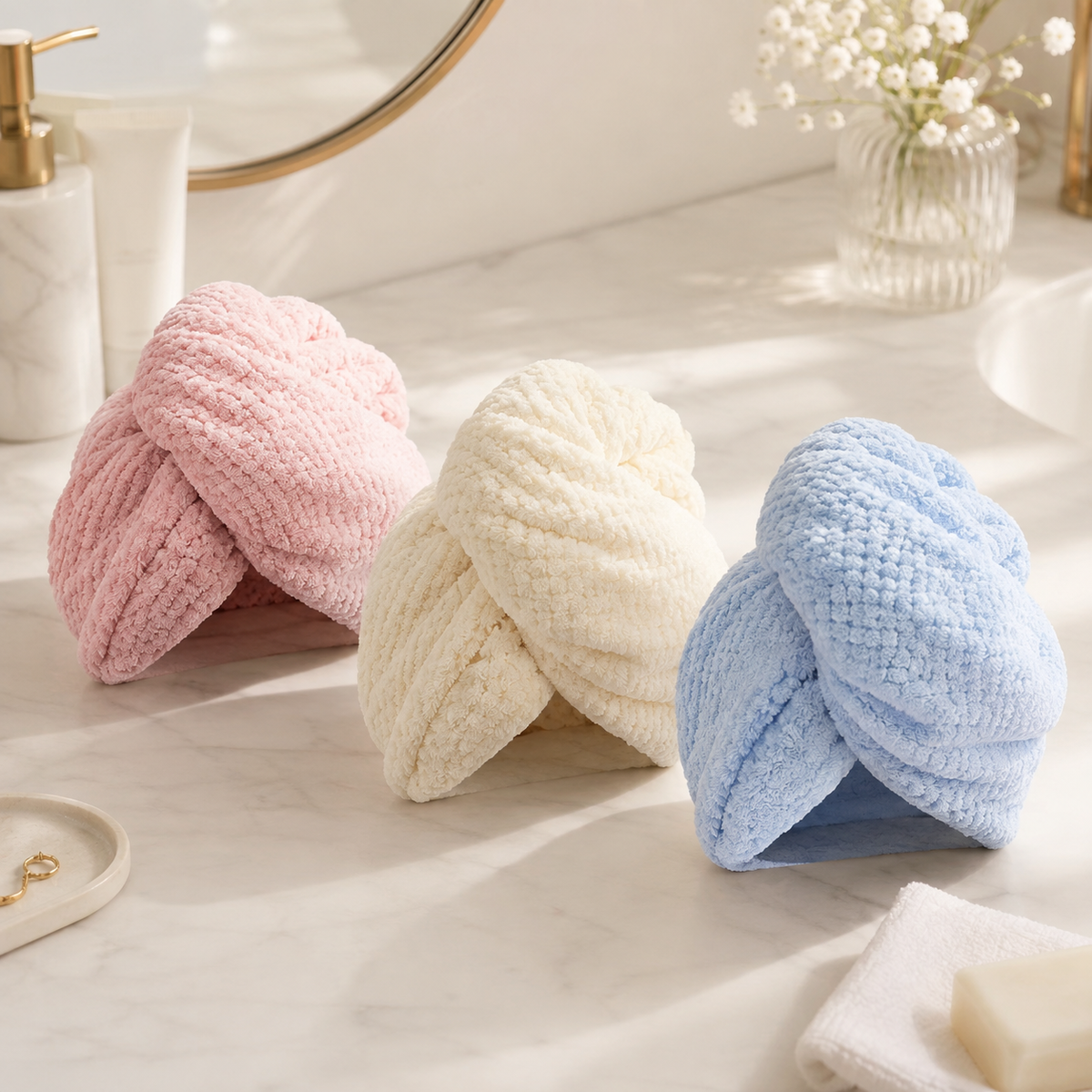 Serviettes cheveux absorbantes rose, beige et bleu pastel NUIT STUDIO