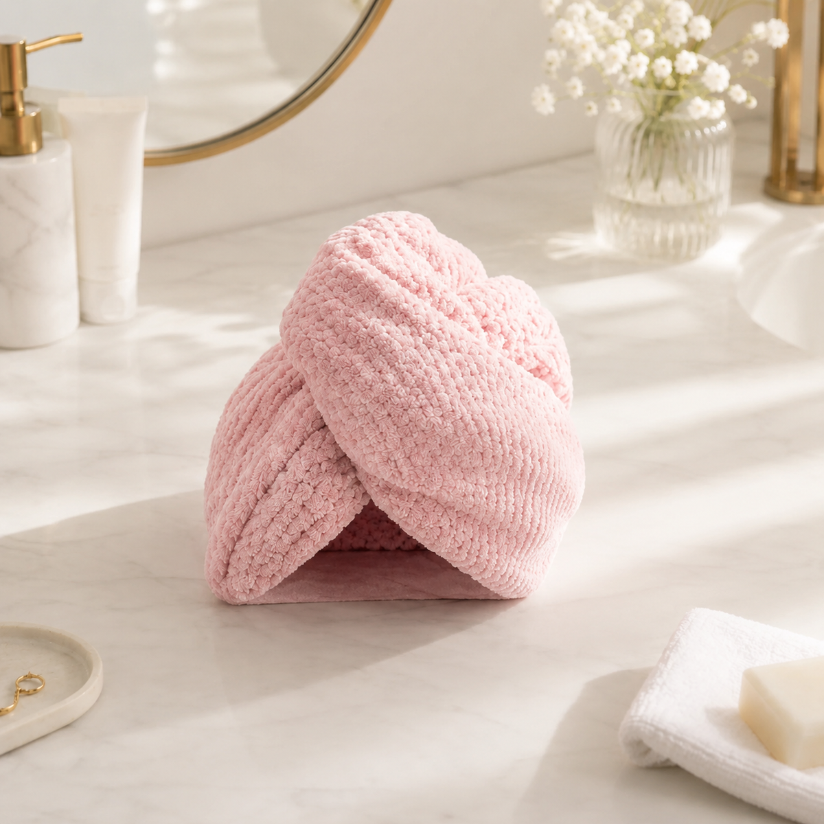 Serviette cheveux absorbante rose NUIT STUDIO sur fond clair